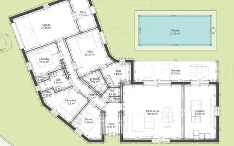 Plan d'une maison plain pied moderne de 150m2 avec garage, piscine, terrasse, 3 chambres, bureau, cuisine et pièce de vie spacieuse.