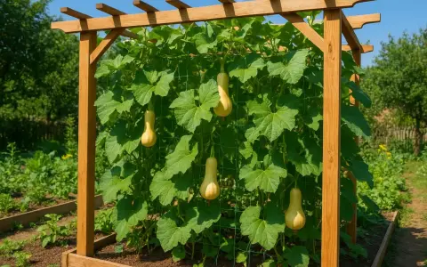 Zucchine trombetta pendono da una rete sotto una pergola in legno, pronte per essere raccolte.