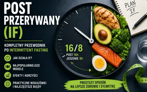 Talerz w kształcie zegara z jedzeniem symbolizuje dietę imitującą post (IF) 16/8. Obok notatnik z napisem "PLAN IF".