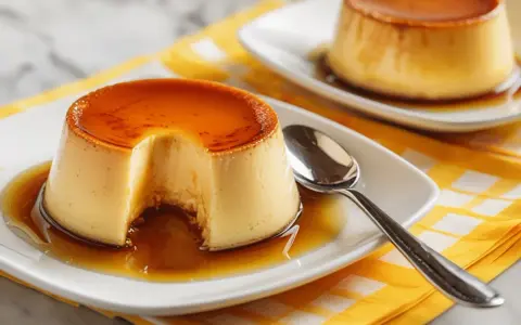 Dos deliciosos flanes de huevo con caramelo líquido, uno con un trozo retirado, servidos en platos blancos sobre una servilleta amarilla a cuadros.