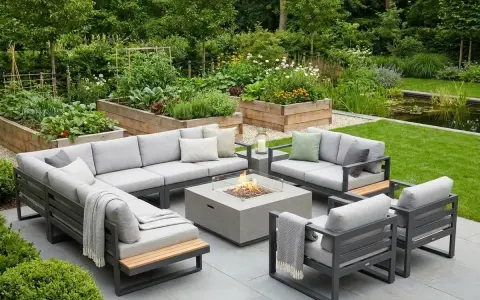 Moderne lounge ecke garten ideen: graue Sitzgruppe mit Feuerstelle, umgeben von Hochbeeten und Teich.