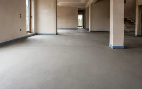 Nowy, betonowy strop czeka na wykończenie. Widać wyraźnie dylatację posadzki, która zapobiegnie pękaniu.