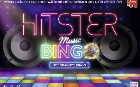 Gra neonowa "Hitster Music Bingo" z głośnikami i dyskotekową kulą. Gra dla fanów muzyki, którzy chcą się bawić przy największych hitach.