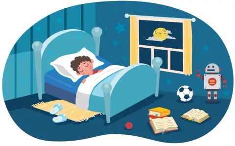 A boy sleeps peacefully in bed, dreaming of a robot, soccer ball, and books. A sweet prayer for tonight.