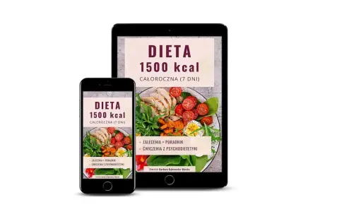 Na ekranach telefonu i tabletu widoczna jest dieta 1500 kcal. Oferuje całoroczne posiłki, zalecenia, porady i ćwiczenia z psychodietetyki.