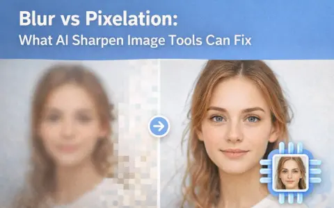 Jämförelse av suddig och pixlad bild av en kvinna, där AI-verktyg förbättrar pixlar till en skarpare bild.