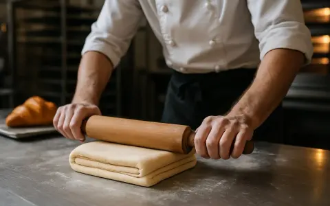 Un boulanger prépare une pâte feuilletée pour une recette, avec un croissant en arrière-plan.