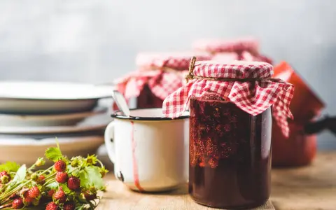 Gläser mit Erdbeermarmelade, bereit zum Marmelade einfrieren. Daneben ein Becher und frische Walderdbeeren.