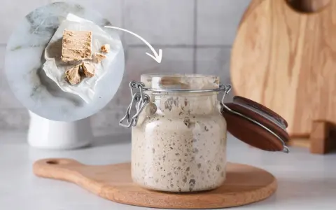 Ein Glas mit blubberndem Sauerteig, daneben frische Hefe. Die Frage: wie lange muss sauerteig gehen?
