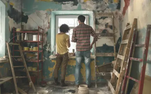 Pareja evalúa cuánto cuesta reformar una casa, rodeada de escaleras y materiales de construcción en una habitación en ruinas.