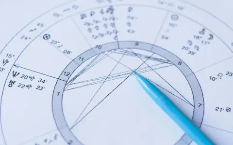 Zbliżenie na astrologia wedyjska kosmogram z niebieskim długopisem wskazującym na wykres.