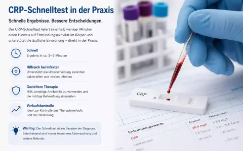 Blutstropfen fallen auf CRP-Testkassette. Ein hoher CRP-Wert im Blut zeigt Entzündungen an. Schnelle Ergebnisse für bessere Entscheidungen.