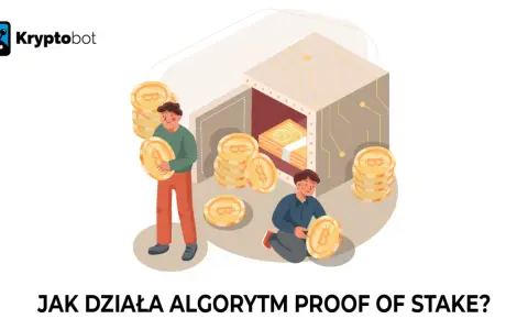 Dwóch mężczyzn z monetami kryptowalutowymi przy sejfie. Ilustracja wyjaśnia, co to jest nominated proof of stake.