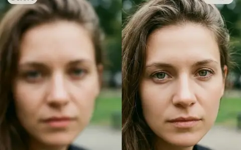 Comparaison avant/après : une photo floue d'une femme devient nette, révélant ses yeux verts et la texture de sa peau.
