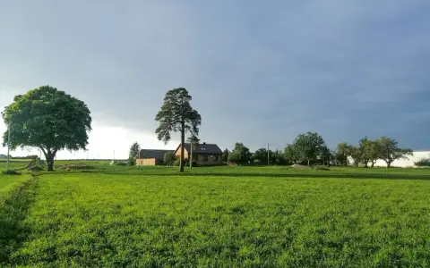 Zielone pole i domy wiejskie pod zachmurzonym niebem. Może to być krajobraz, gdzie rozważana jest opłata za wyłączenie gruntu z produkcji rolnej.