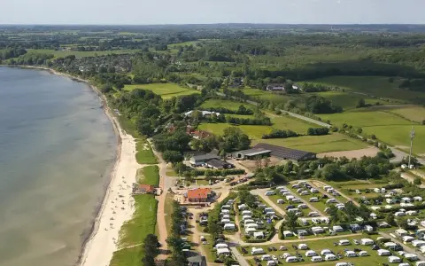 Luftaufnahme eines Campingplatzes in Schleswig-Holstein mit Wohnmobilen und Zelten, direkt am sandigen Strand und dem Meer gelegen.