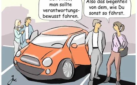 Zwei Paare stehen neben einem orangefarbenen Auto. Einer sagt: "Ich finde, man sollte verantwortungsbewusst fahren." Der andere erwidert: "Also das Gegenteil von dem, wie Du sonst so fährst." Hier kann man den Massepunkt Auto finden.