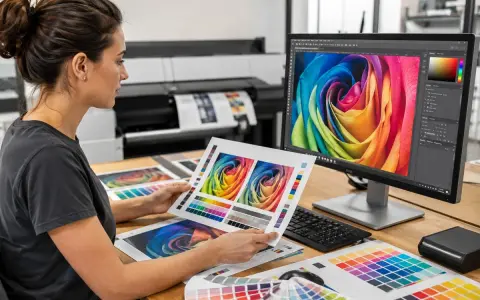 Diseñadora revisa impresiones a color, comparando con la pantalla y muestras. Entendiendo el cmyk significado para la impresión perfecta.