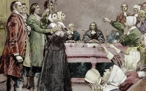 Szene eines Prozesses, der den Puritanismus widerspiegelt. Eine Frau wird beschuldigt, während andere auf sie zeigen.