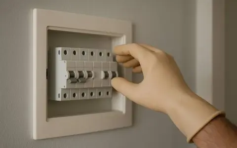 Mano con guante manipulando un magnetotérmico en un cuadro eléctrico.