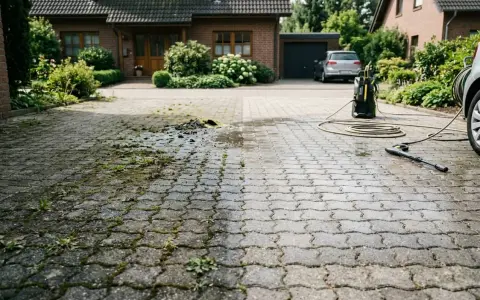 Hochdruckreiniger entfernt Moos und Unkraut von gepflasterter Einfahrt.