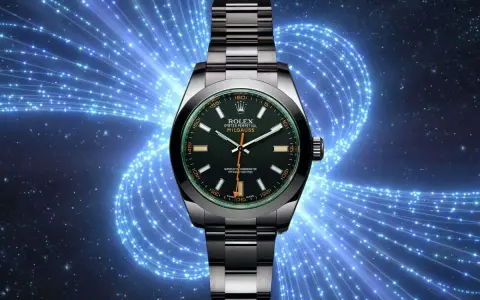 Orologio Rolex Milgauss, un esempio di orologi antimagnetici, con quadrante verde e sfondo blu elettrico.