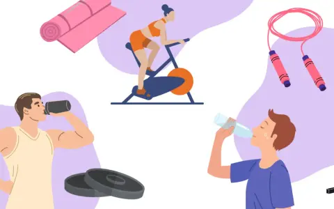 Fitness-Szene mit Radfahrer, Springseil, Gewichten und Männern, die trinken. Ein Proteinshake vor oder nach dem Training ist ideal.
