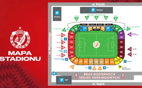 Mapa stadionu Widzew Łódź. Widok z lotu ptaka na boisko, trybuny z sektorami A, B, C, D, punkty informacyjne, kasy, depozyt i parkingi.