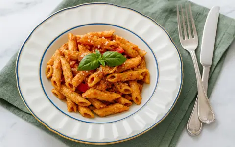 Penne mit cremigem Pesto Rosso, garniert mit Basilikum und Parmesan. Ein köstliches Gericht, das Lust auf mehr macht.
