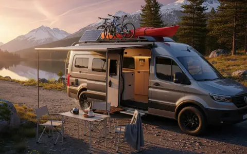 Kamper gotowy na przygodę nad jeziorem. Zastanawiasz się, ile pali kamper? Ten model z rowerami i kajakiem na dachu wygląda na gotowego na długą podróż.