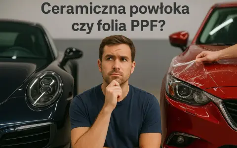 Mężczyzna zastanawia się nad wyborem między ceramiczną powłoką a folią PPF do ochrony lakieru samochodowego.