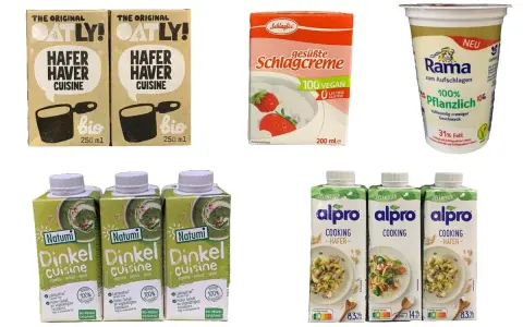 Verschiedene pflanzliche Sahne-Alternativen zum Kochen und Aufschlagen: Oatly Hafer Cuisine, Schlagfix, Rama und Alpro Hafer.