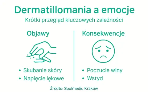 Dermatillomania: objawy (skubanie skóry, napięcie lękowe) i konsekwencje (poczucie winy, wstyd).
