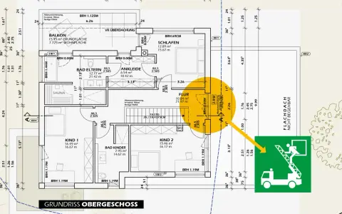 Grundriss Obergeschoss: 2. Rettungsweg Einfamilienhaus NRW mit Feuerleiter-Symbol.