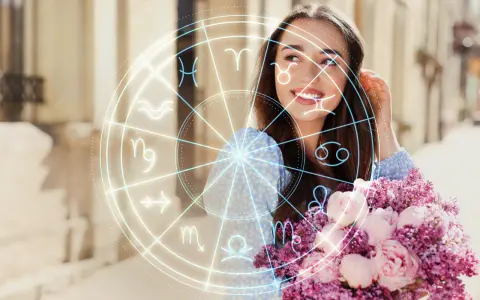 Uśmiechnięta Panna z bukietem kwiatów, otoczona magicznym kołem zodiaku. Sprawdź swój horoskop tygodniowy Panna!