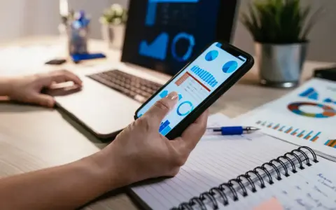 Una gestora de fondos revisa gráficos financieros en su móvil y portátil, analizando datos para tomar decisiones estratégicas.
