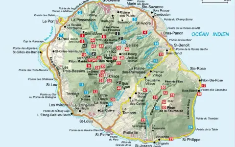 Mapa Reunion: podróż po wyspie, od wybrzeża po wulkany. Odkryj punkty widokowe, plaże i szlaki.