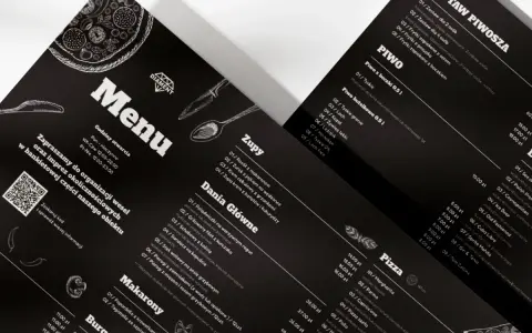 Czarne, eleganckie menu restauracji z rysunkami pizzy i sztućców. Zawiera sekcje: Zupy, Dania Główne, Makaron, Pizza.