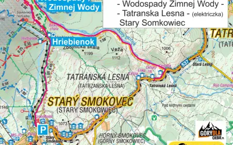 Mapa turystyczna Tatr z zaznaczonymi szlakami, miejscowościami Stary Smokowiec, Hrebienok i Wodospady Zimnej Wody.