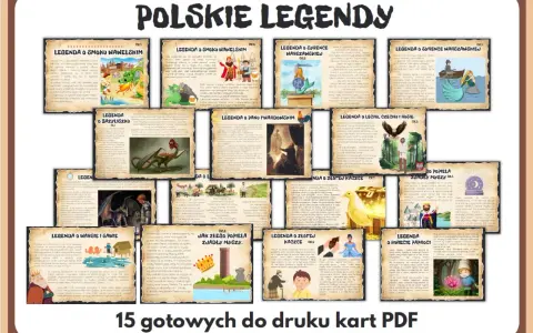 Zbiór kart PDF z polskimi legendami: smok wawelski, syrenka warszawska, bazyliszek, Pan Twardowski, Lech, Czech i Rus, Wars i Sawa, złota kaczka, Popiel i kwiecie paproci.