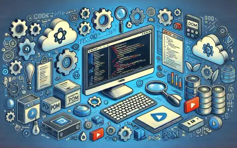 Narzędzia programistyczne, chmury, kod na ekranie i ikony symbolizujące page object pattern.