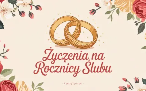 Złote obrączki i kwiaty na tle. Życzenia na rocznicę ślubu, inspirujące cytaty o szczęściu.