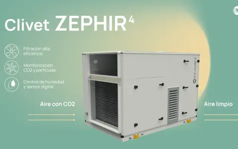 Unidad de climatización y ventilación Clivet ZEPHIR⁴ con alta eficiencia, monitorización de CO2 y control de humedad para aire limpio.