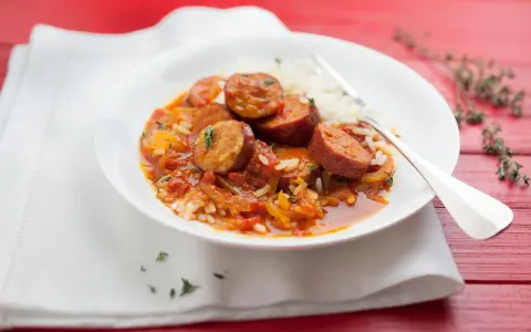 Un délicieux rougail saucisse Cookeo, servi avec du riz blanc.