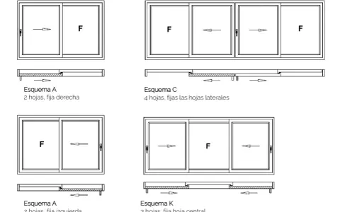 Diagramas de **detalle ventana corredera** con diferentes configuraciones de hojas fijas y móviles.