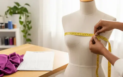 Manos midiendo un maniquí con cinta métrica amarilla, demostrando cómo tomar las medidas del cuerpo para confección.