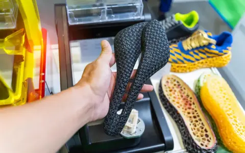 A hand holds a black, intricately patterned bicycle saddle, likely made from tpu material. In the background, colorful 3D-printed shoe soles and a shoe are visible.