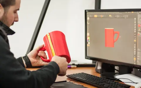 Mężczyzna mierzy czerwoną kubek 3d, porównując go z modelem na ekranie komputera.