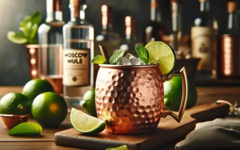 Orzeźwiający Moscow Mule w miedzianym kubku, z limonką i miętą. Obok butelka z etykietą "Moscow Mule" i świeże limonki.
