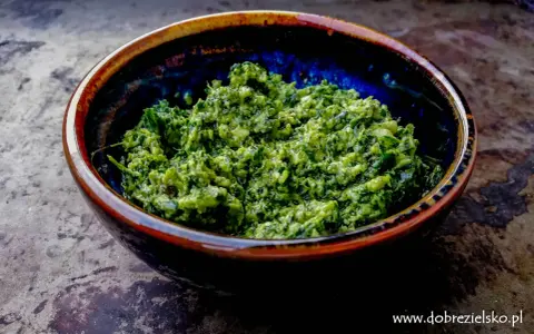Domowe pesto z bazylii i czosnku, z dodatkiem orzechów, w ceramicznej misce. Idealne do makaronu. Jakie orzechy do pesto?